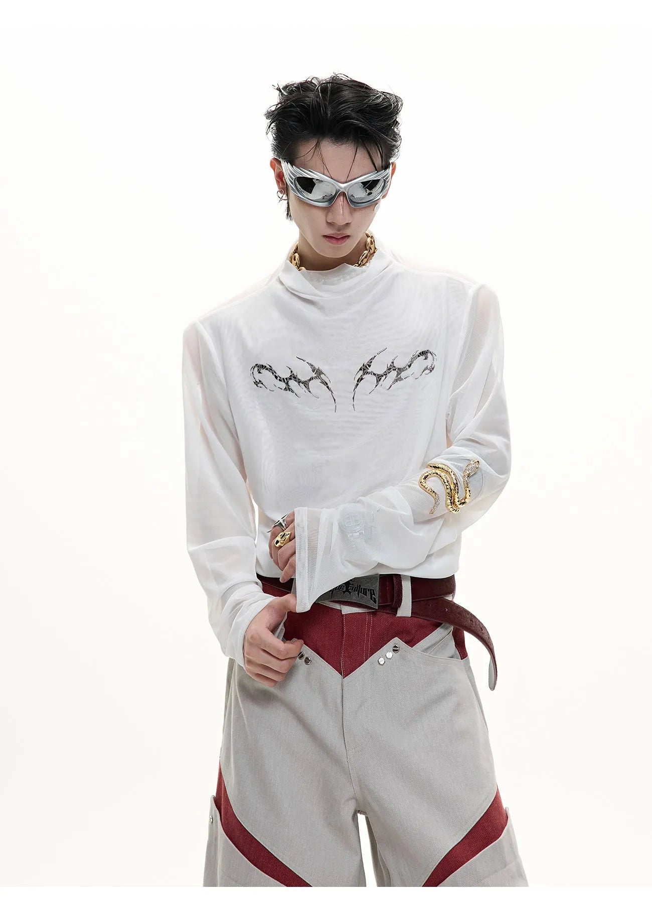 Niche Mesh slim fit long sleeve shirt in black or white, made from polyester and spandex fabric.