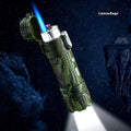 TH727 Multifunction metal flashlight lighter in camouflage, red, black, blue, and yellow colours.