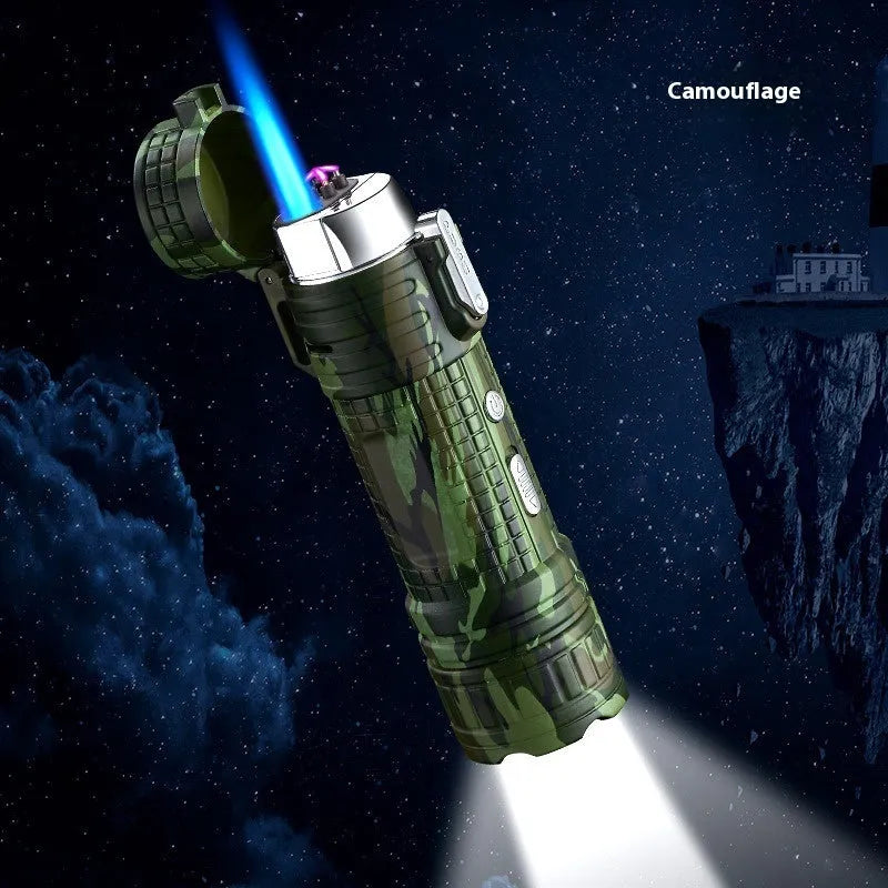 TH727 Multifunction metal flashlight lighter in camouflage, red, black, blue, and yellow colours.