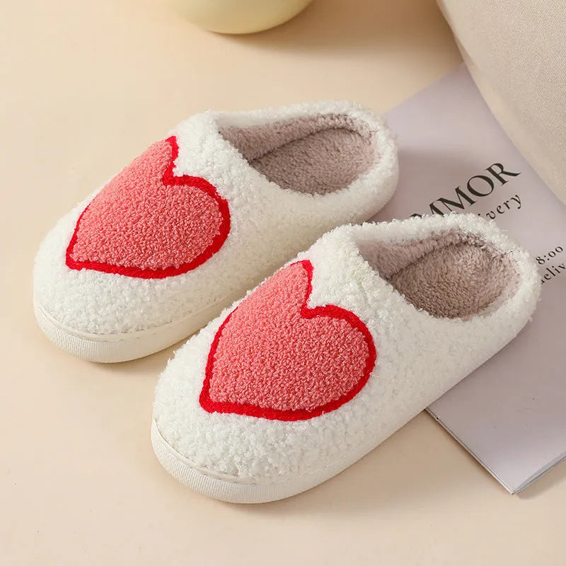 Plush home slippers with non-slip PVC sole in big love colour design for adult female sizes