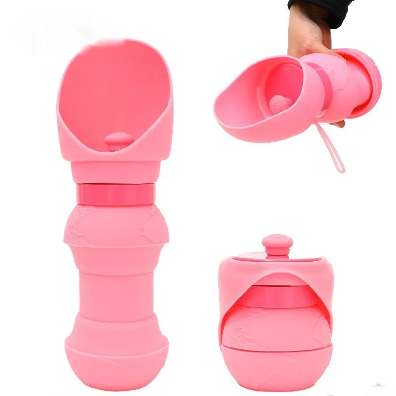 Silicone pet folding water cup shown in open and collapsed states, available in colours like pink, black, and mint green.