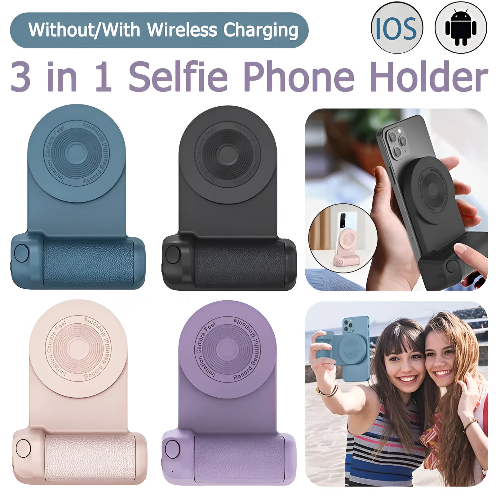 3-in-1 magnetic anti-shake phone holder camera bracket with ergonomic handle, rotatable axis, and compact 11.2cm size