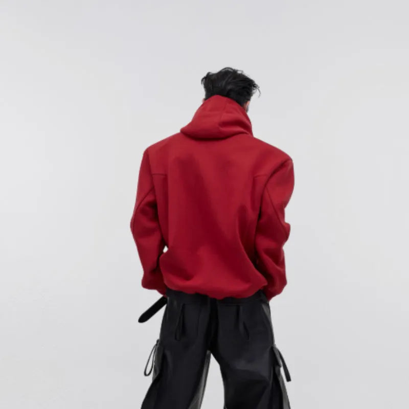 Men's black hooded sweater with metal 3D graphic print, loose fit, and heavy shoulder pads.
