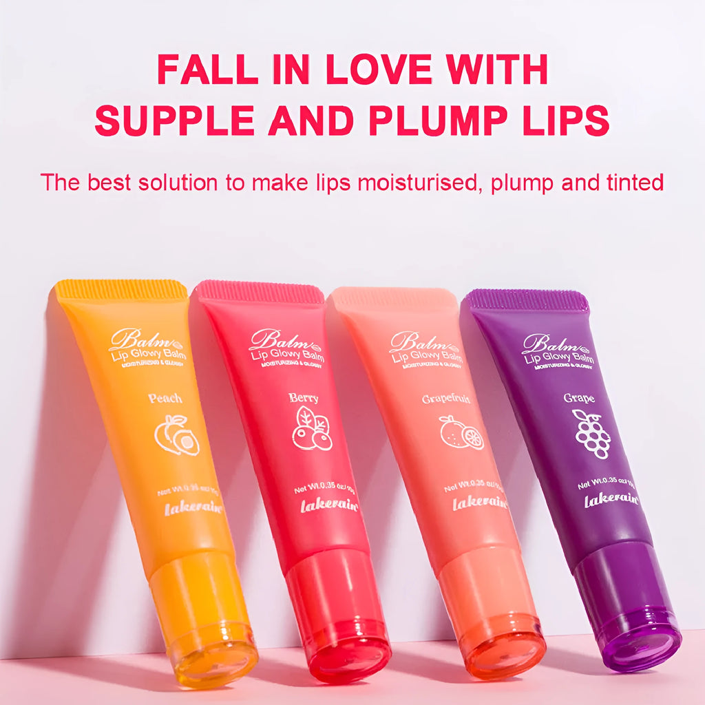 Natural finish lip gloss in berry, grape, grapefruit, and yellow peach flavour colours