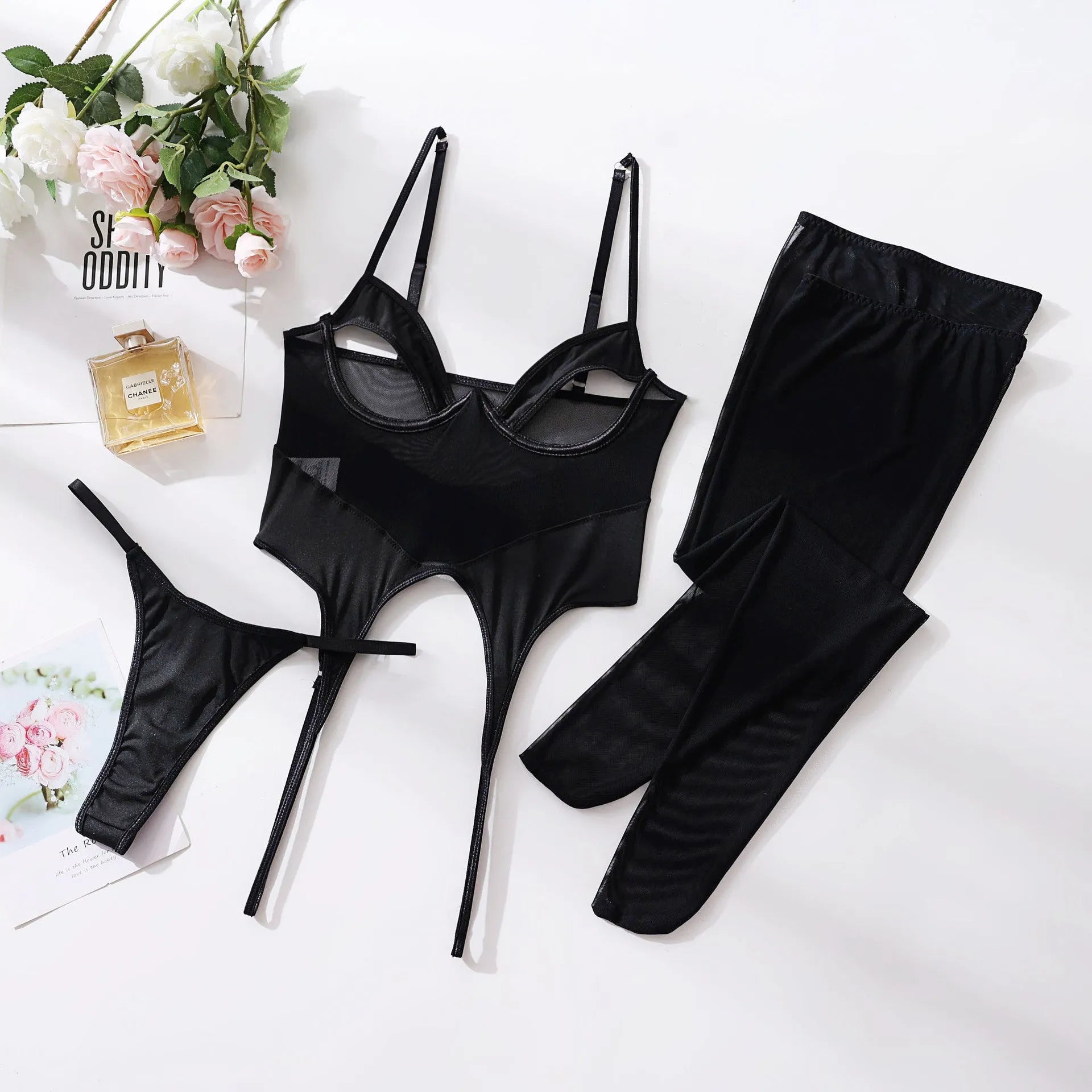 Women's one-piece steel ring mesh hollow see-through stockings set in black, front view