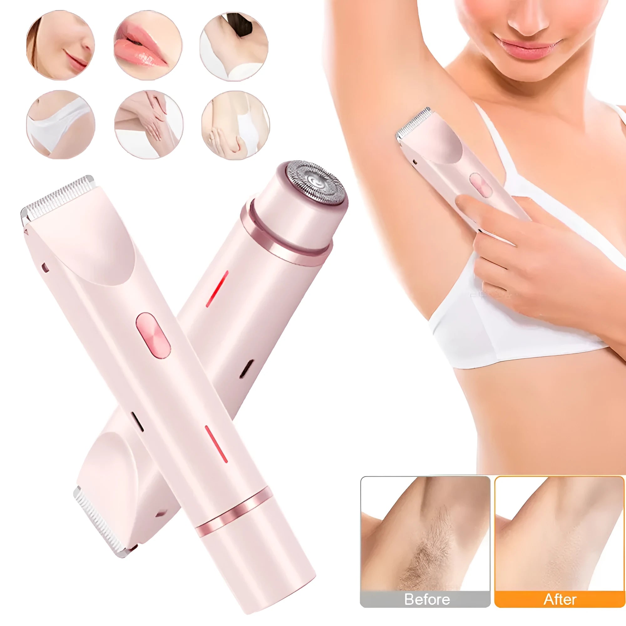 Pink 2 in 1 women's electric hair remover double head shaver with USB cable on white background