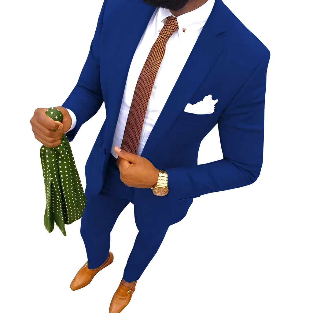 Men's cotton banquet suit in multiple colours, showing jacket and trousers, available in sizes XXS to 7XL.