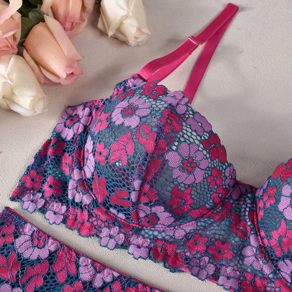 Women's contrast colour embroidered bikini set in rose red, polyester fabric, shown flat lay