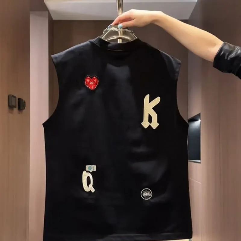 Men cartoon printed cotton sleeveless vest T-shirt in black, loose fit, youth fashion style