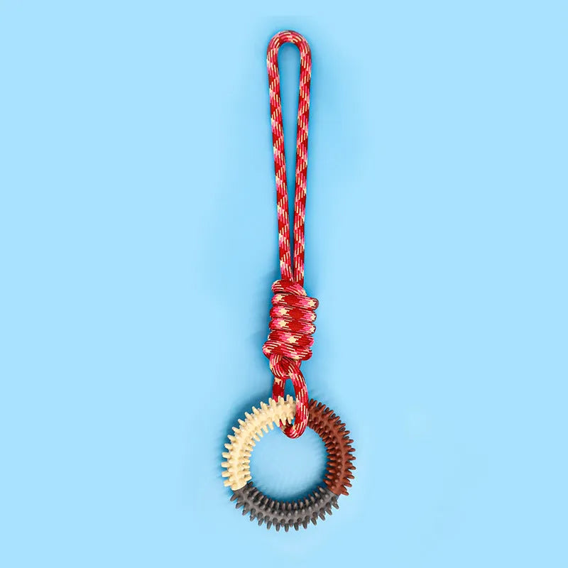 Blue braided rope dog chew toy with knots, measuring 43cm long
