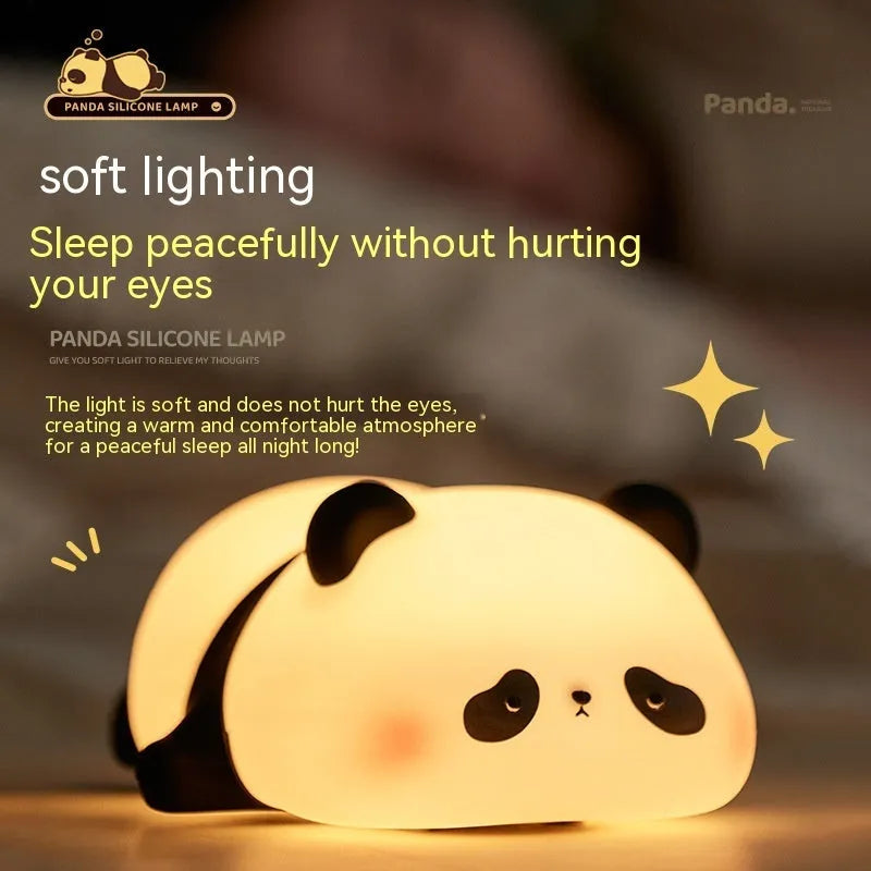 Cute panda-shaped night light made of BPA-free silicone on a bedside table