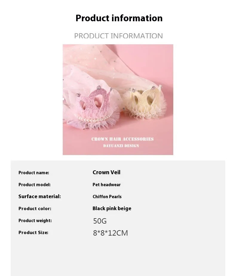Pet cat wearing a princess crown headdress with a choice of beige or pink crown veil