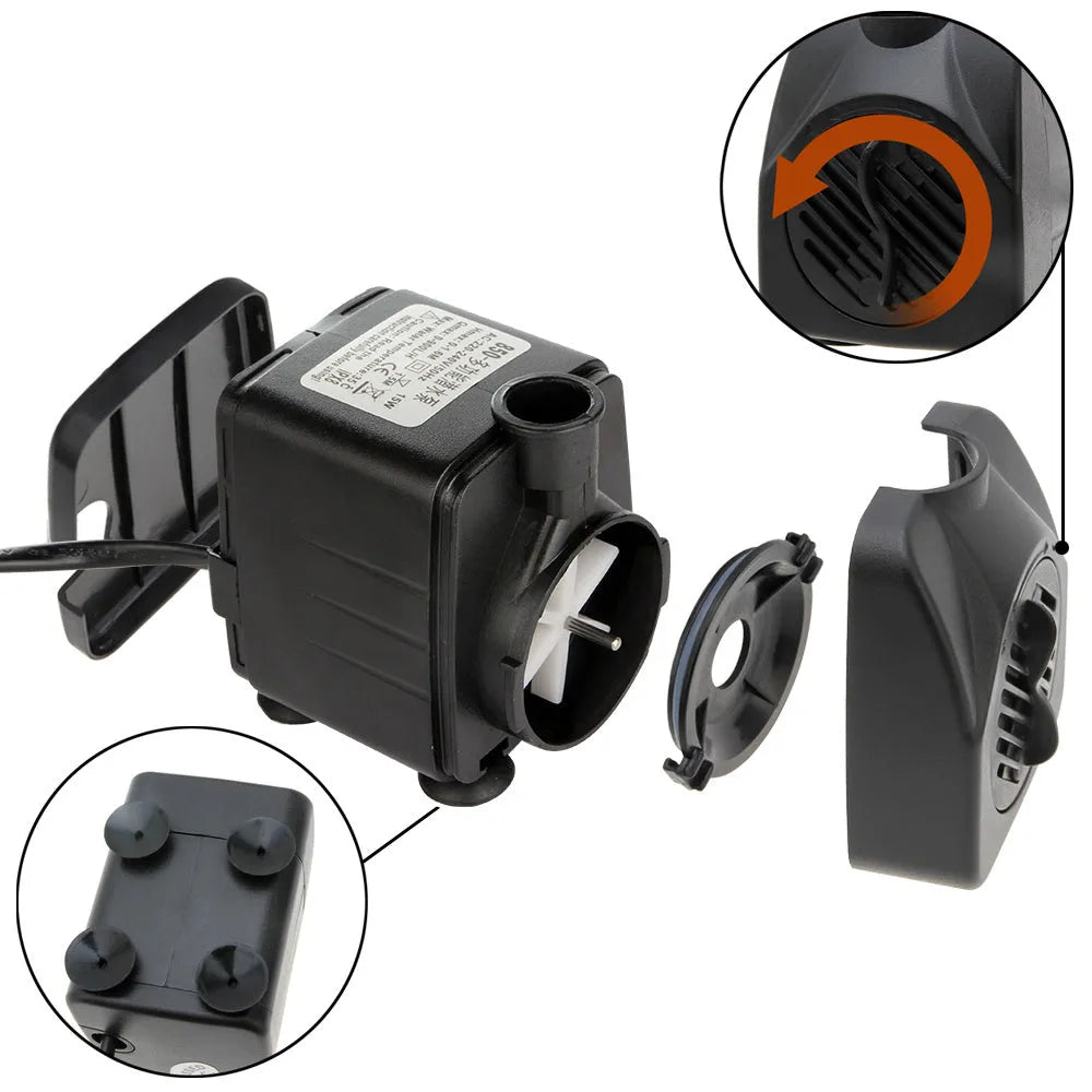 Black submersible aquarium pump with flowing water technology for filtration and circulation