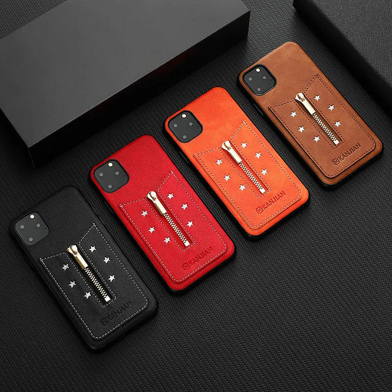 Zipper phone case in black PU with front flap closed, suitable for iPhone 11 Pro and Note 10 models