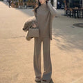 Women's beige acrylic fibre sweater and wide-leg pants two-piece casual set