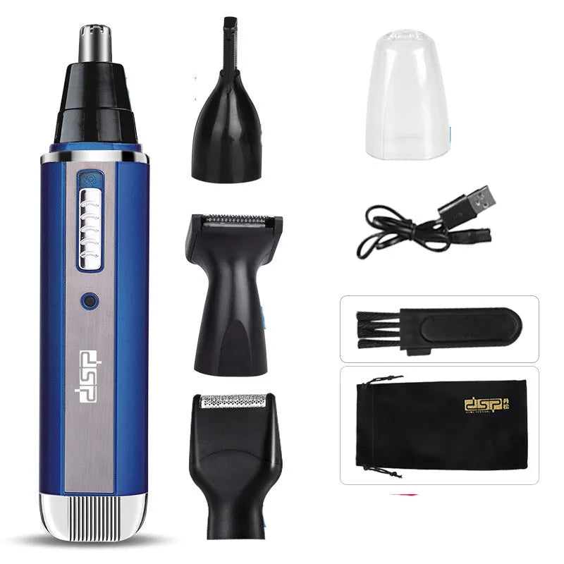 Electric shaver in blue with trimming functions for beard, nose, and eyebrows, made of ABS material