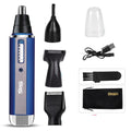 Electric shaver in blue with trimming functions for beard, nose, and eyebrows, made of ABS material