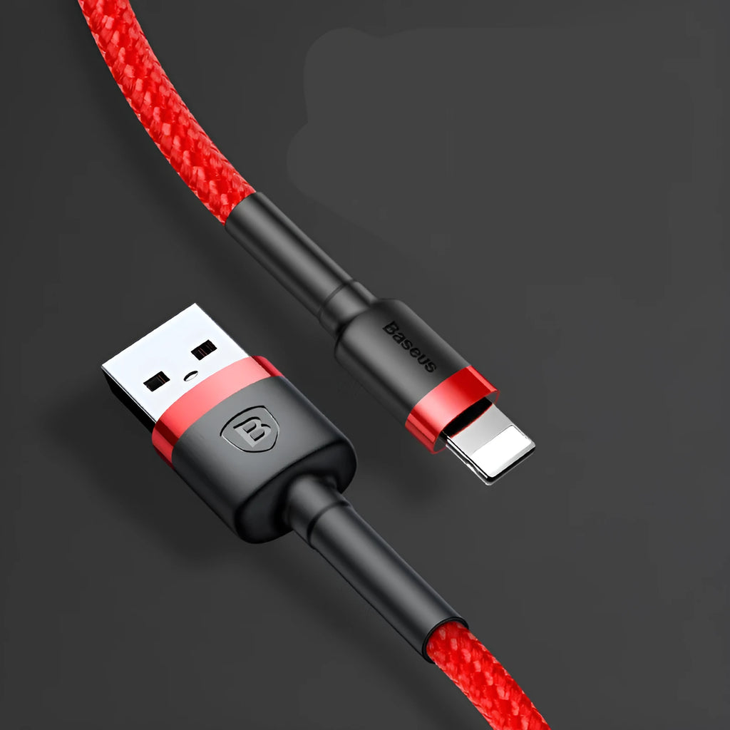 Compatible Apple fast charging cable with 8PIN Lightning connector, red shell and black line, 1m length on white background
