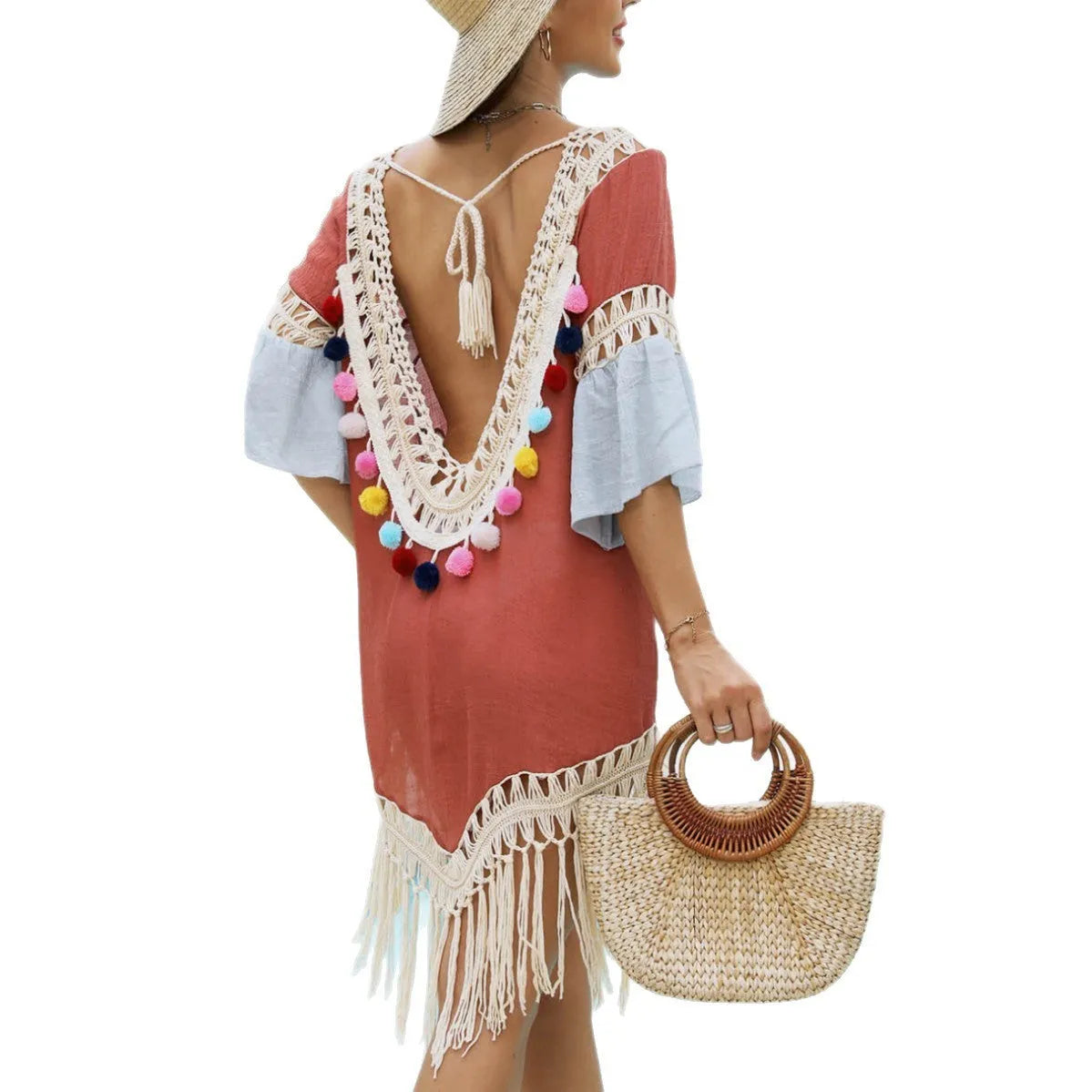 Orange beach overskirt with hand crochet stitching and tassel trim, floral pattern on polyester fabric
