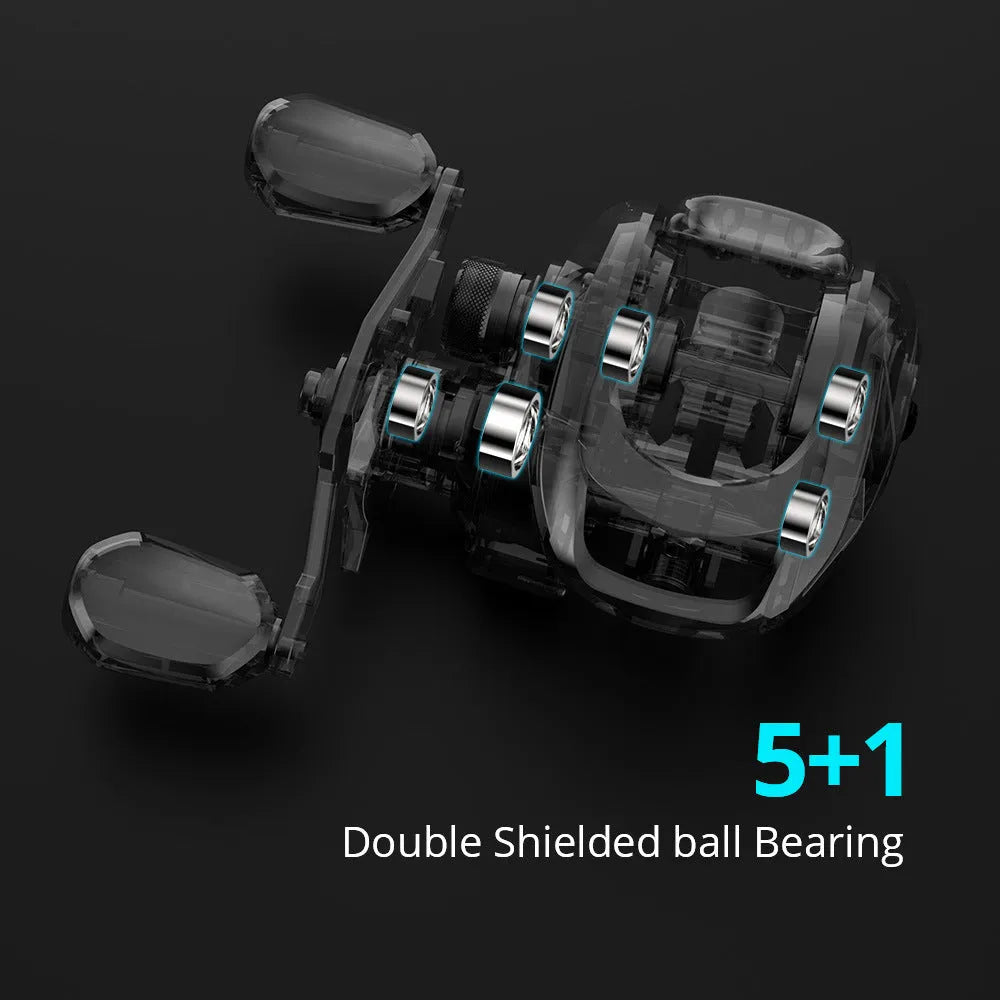 Drip wheel fishing reel for lure fishing with selectable left or right hand wheel.