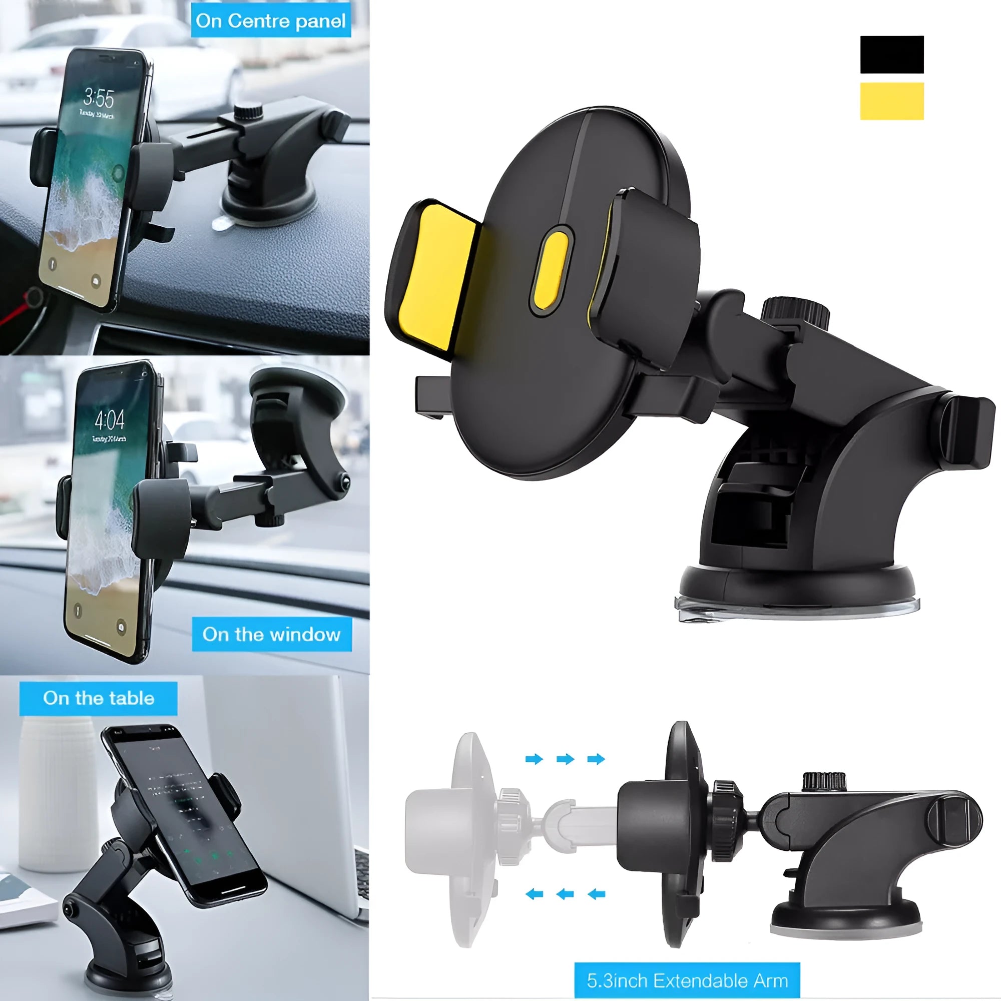 Black telescopic car dashboard phone holder with extended arm and gel suction cup mounted on a textured surface.