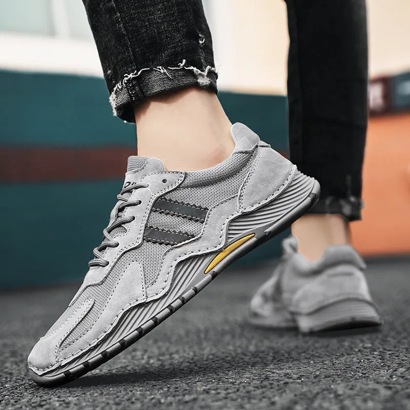 Men's low-top lace-up hiking boots with pigskin upper and platform sole, sand colour