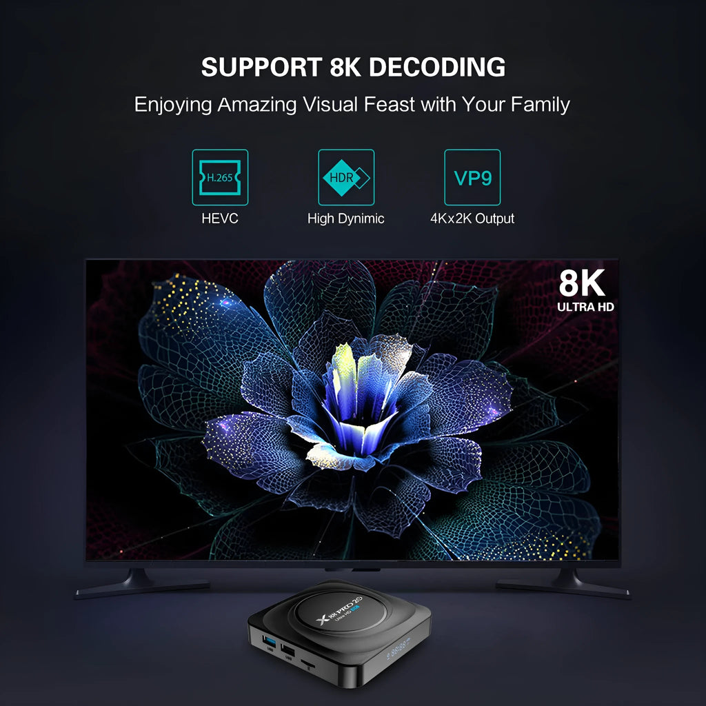 Dual-band WiFi Bluetooth TV box with Android 11.0, HDMI output, infrared remote, and UK power plug