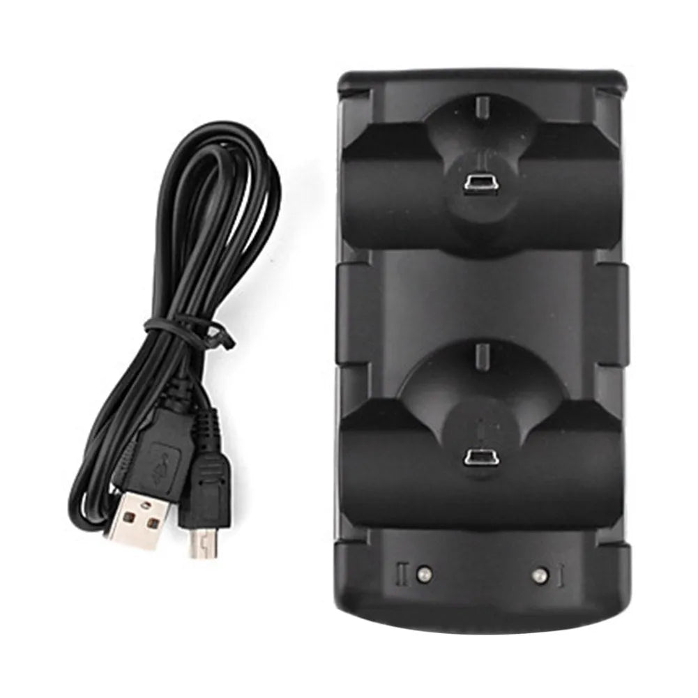 Black PS3 dual controller charging dock with USB cable for charging two wireless controllers simultaneously