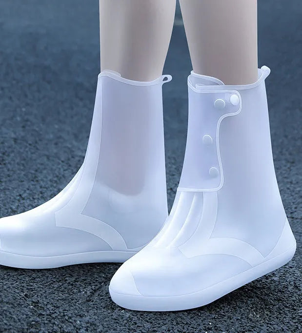Women's white high-top PVC reusable waterproof shoe cover with anti-skid sole