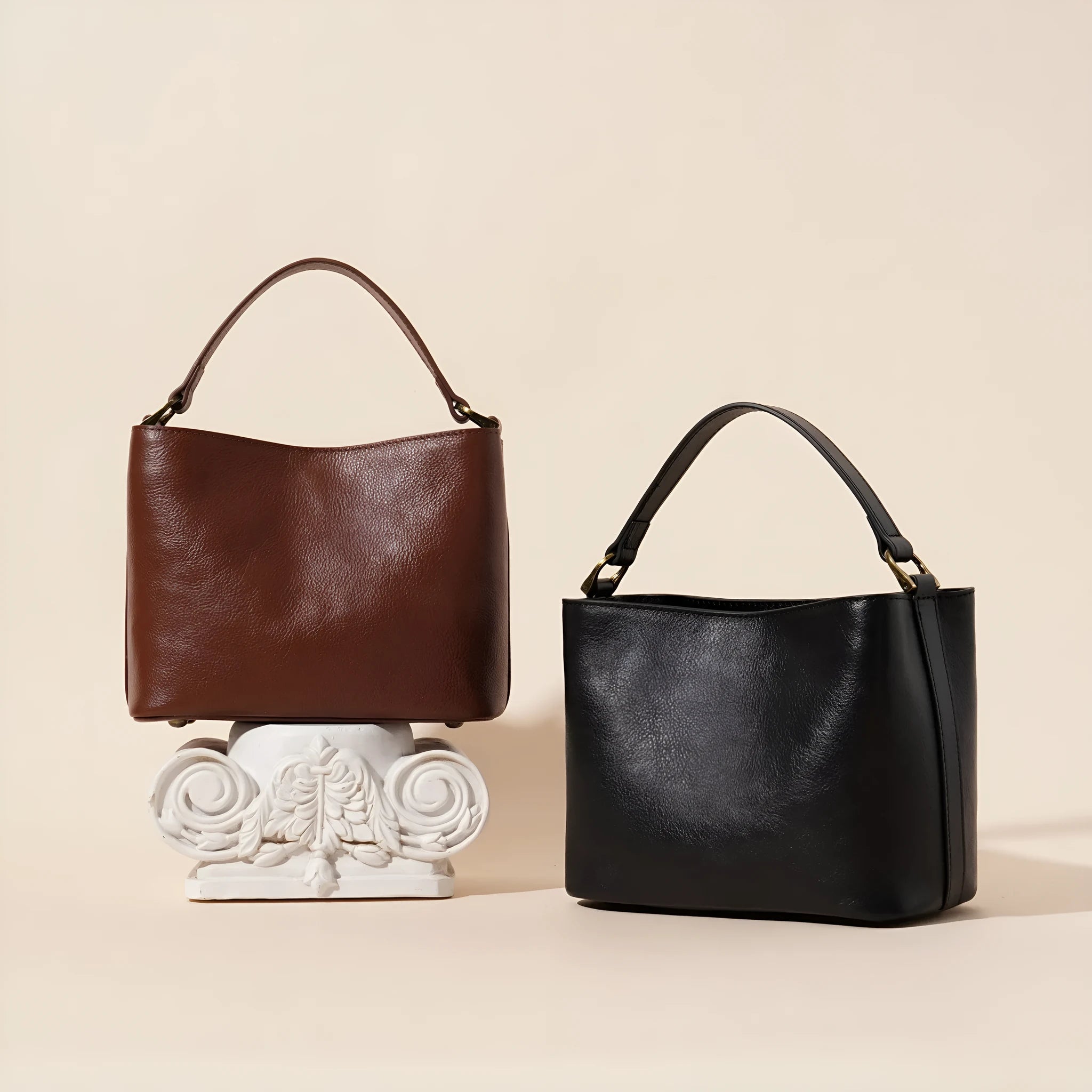 Genuine cowhide leather shoulder handbag sugar brown square vertical shape with sewing thread details on front