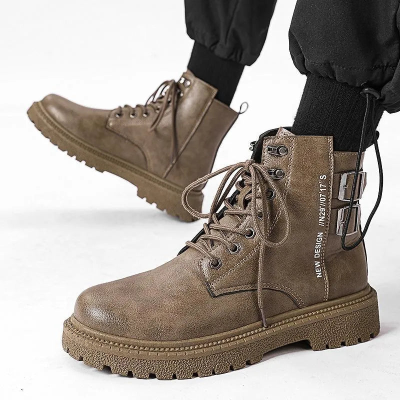 High-top winter boots in black with thick bottom, front lace-up, PU upper, rubber sole, and leather-stitch detailing