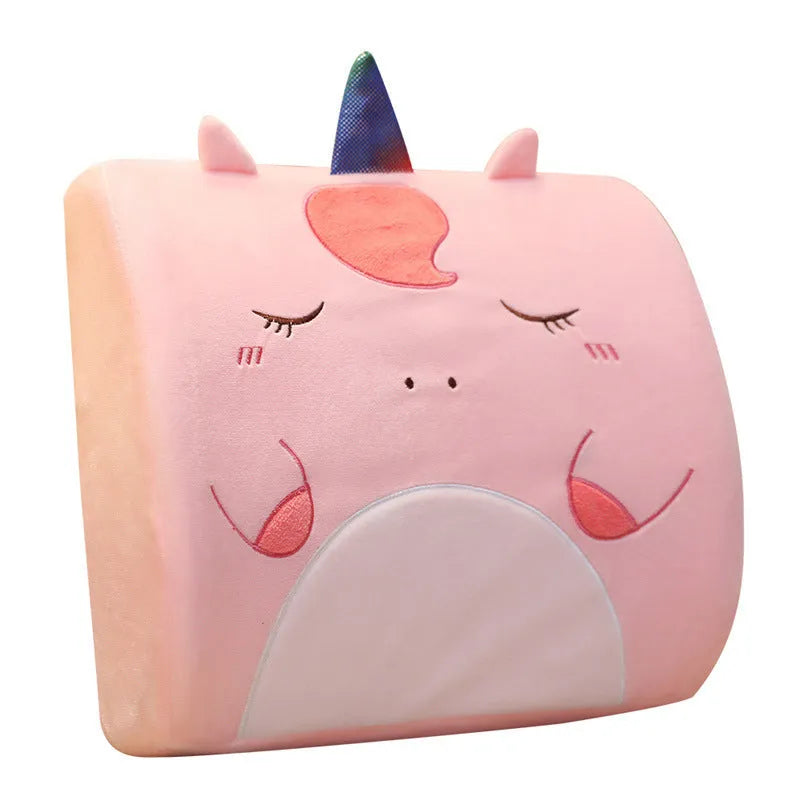 Cartoon character lumbar support pillow with removable memory foam core in pink unicorn design on office chair.