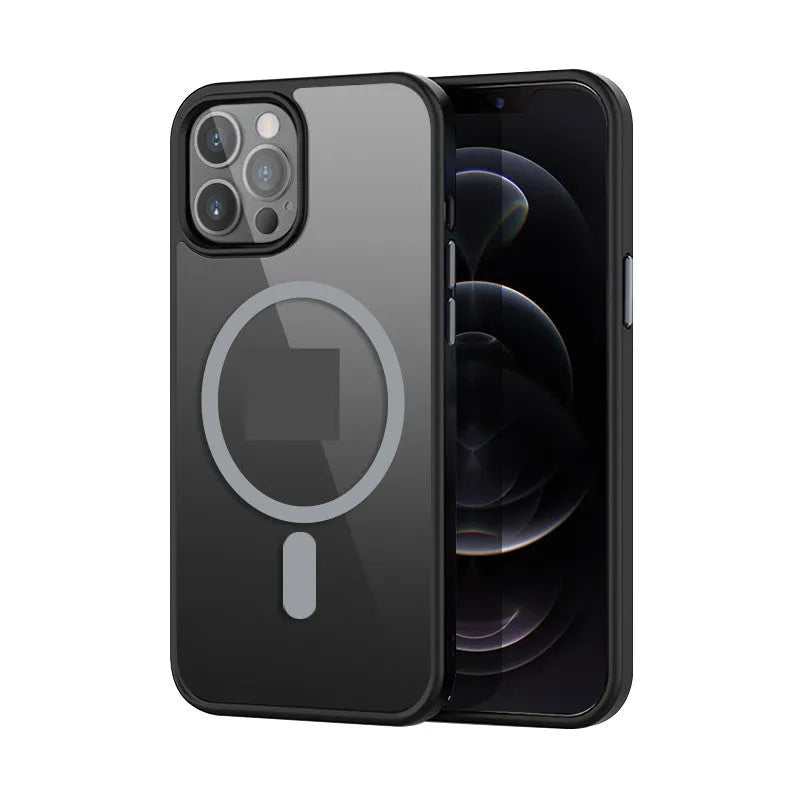 Magnetic silicone protective back cover for iPhone 12 and 13 series in matte black finish with PC and TPU construction