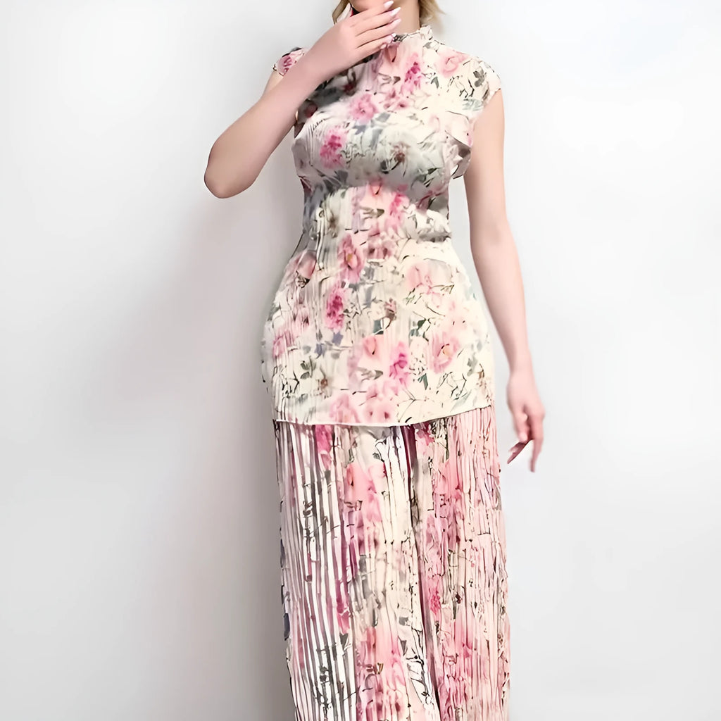 Printed chiffon dress set with high waist skirt and long sleeve top in picture colour