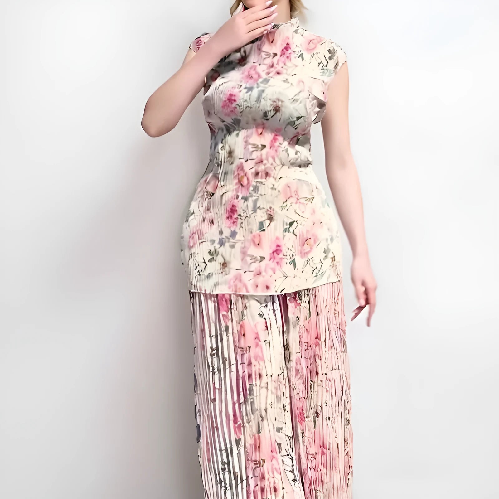 Printed chiffon dress set with high waist skirt and long sleeve top in picture colour