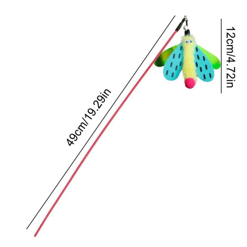 Cat wand toy with 49cm ABS stick, colourful dragonfly lure, and small bell for indoor cat interactive play