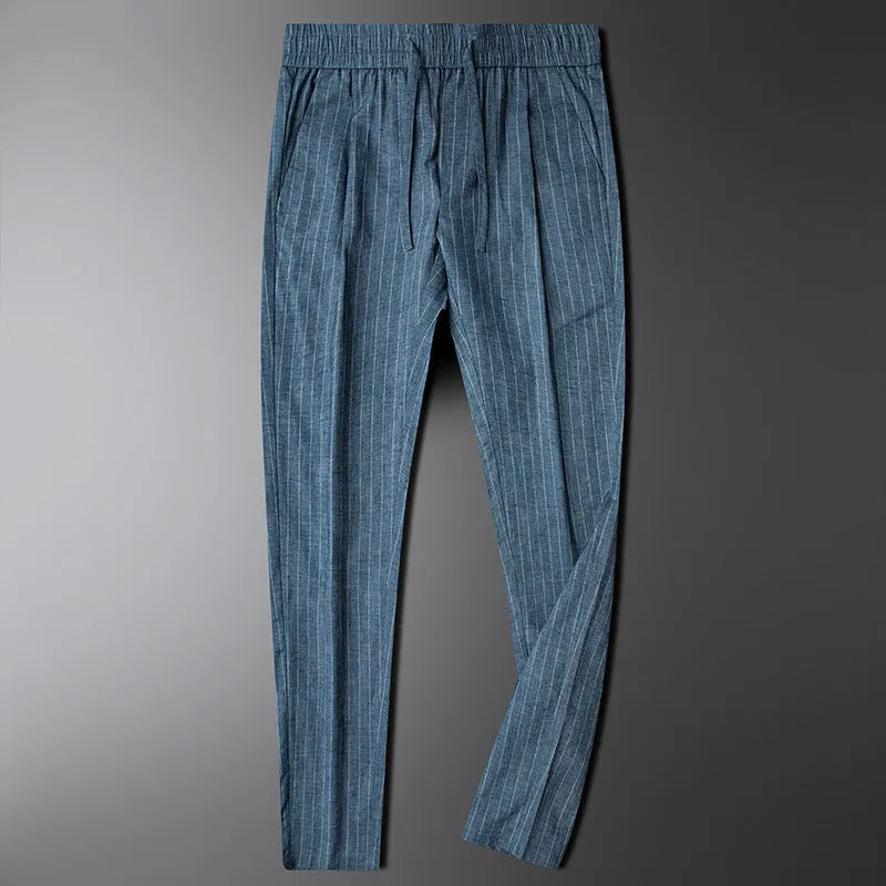Men's casual linen striped trousers in blue gray with elastic waist and straight leg