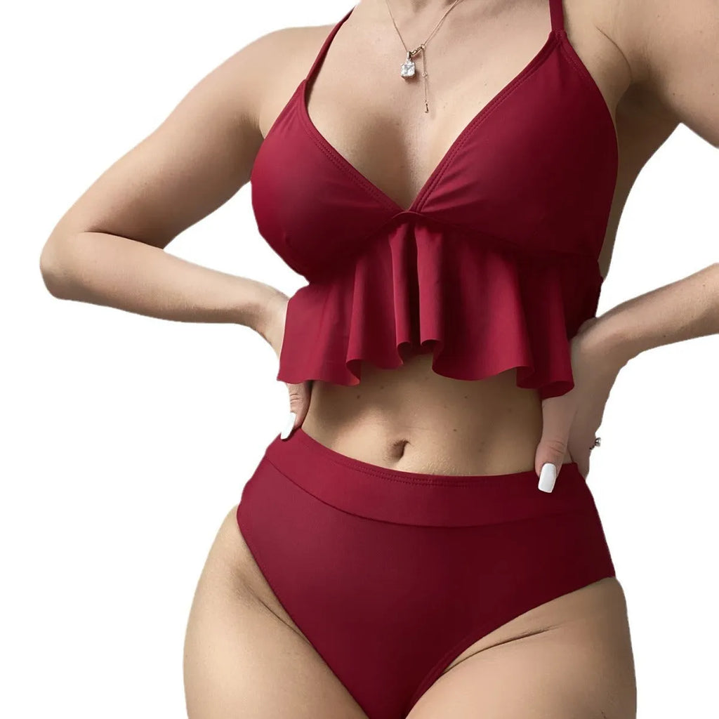 Women's solid colour split bikini swimsuit two-piece set in black, army green, brick red, blue with spandex lining