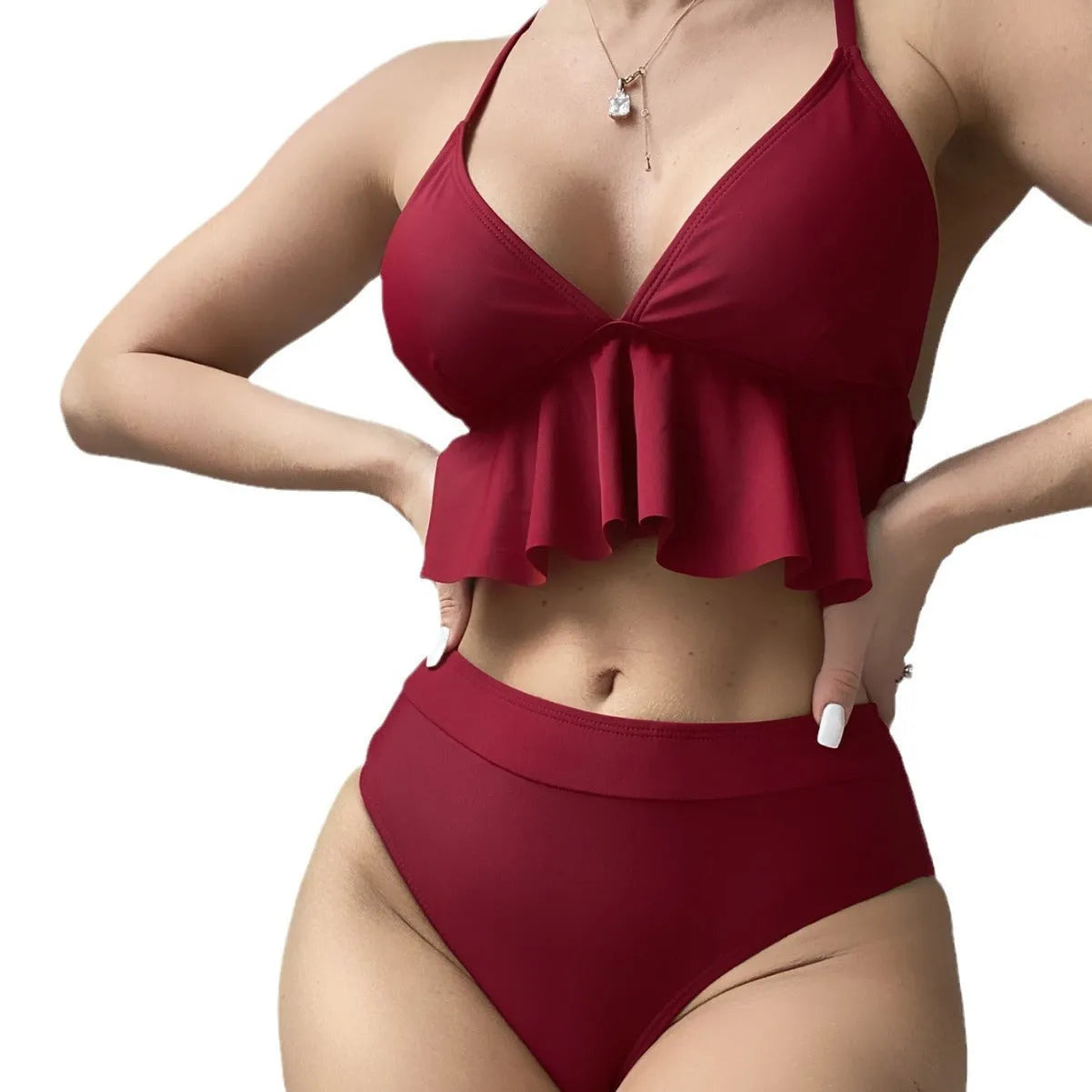 Women's solid colour split bikini swimsuit two-piece set in black, army green, brick red, blue with spandex lining