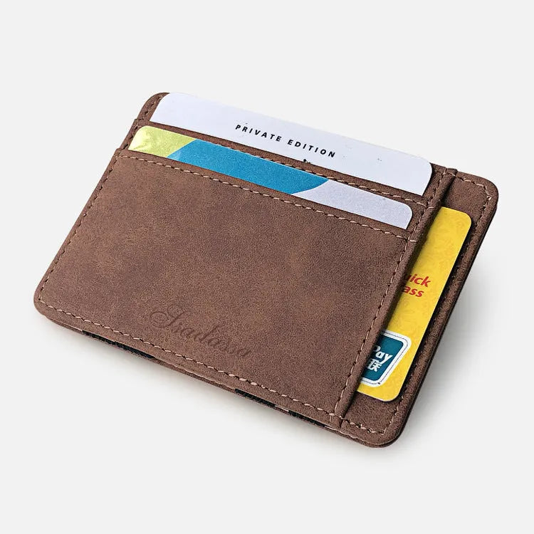 Matte leather magic wallet in horizontal square shape with sewing line details, shown in multiple colours
