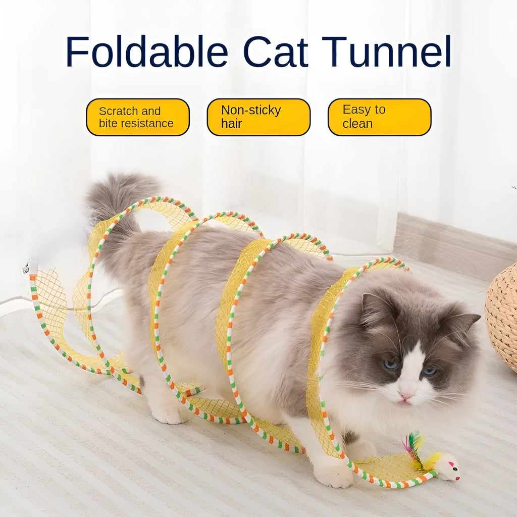 Blue and yellow cat toy set with fabric tunnel and long pole teasing stick with feather attachment