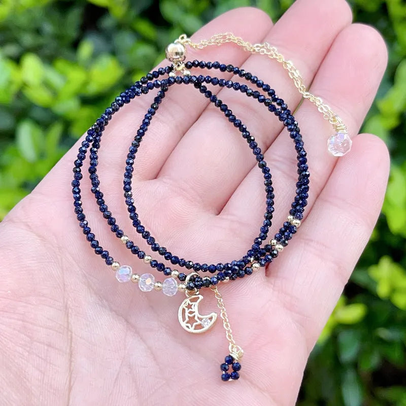 Blue and gold sand stone cut layered bracelet with three-ring clasp for women