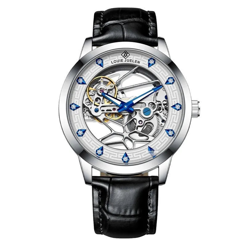 Men's silver case mechanical watch with white dial, blue hands, black leather strap and waterproof construction
