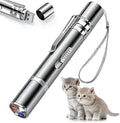 Silver aluminium cat laser toy pointer with USB charging port and pattern adjustment dial