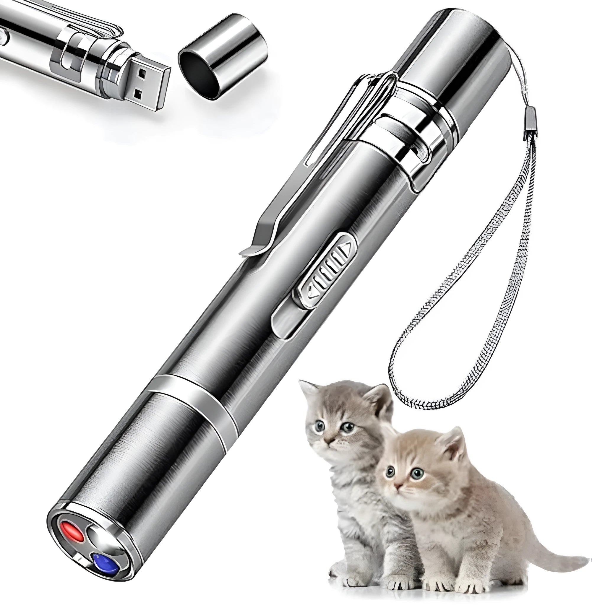 Silver aluminium cat laser toy pointer with USB charging port and pattern adjustment dial