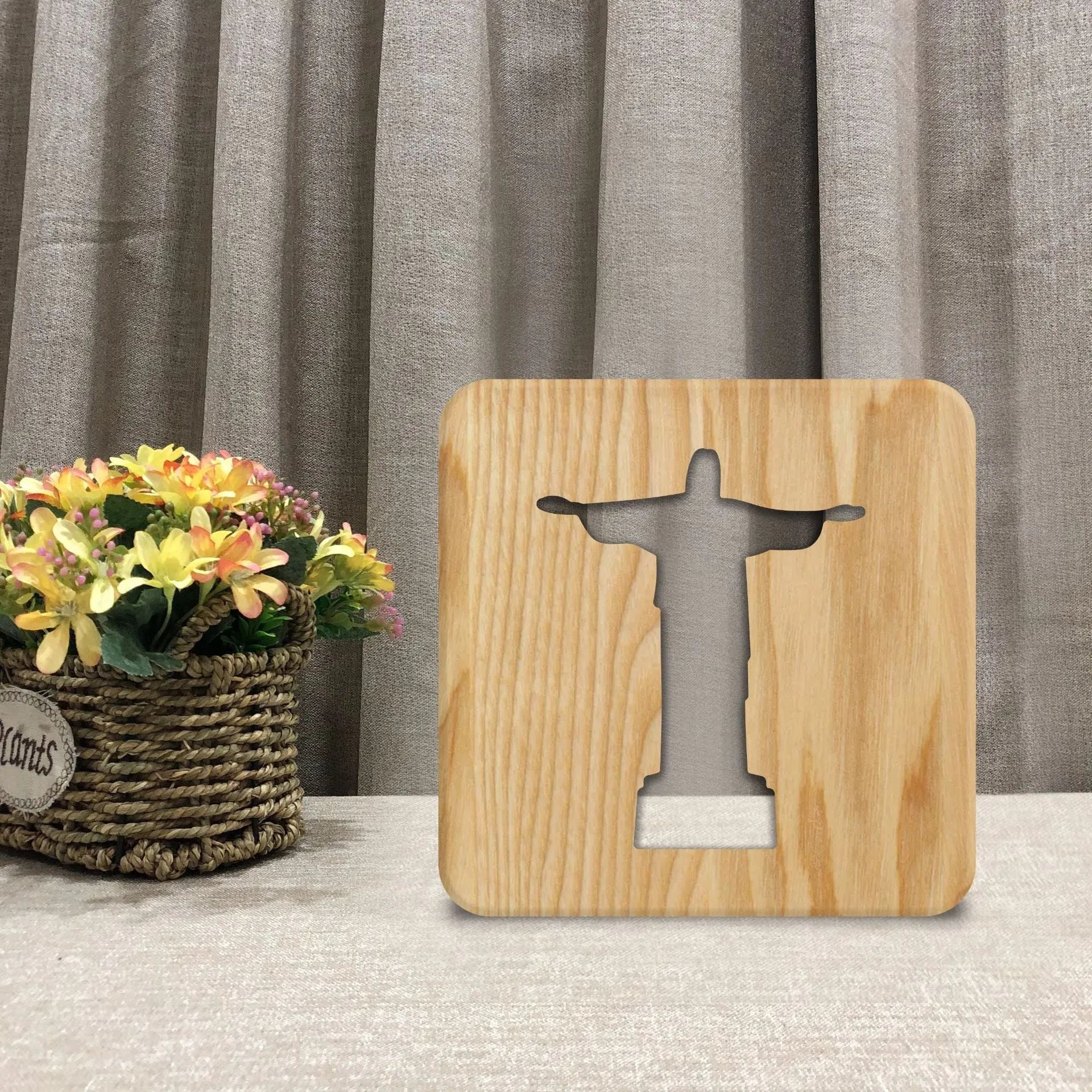 Solid wood hollow night lamp with warm white LED light, compact rectangular design
