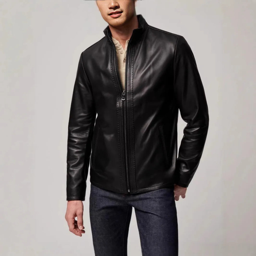 Men's black retro polyester leather jacket with regular fit, long sleeves, and straight hem
