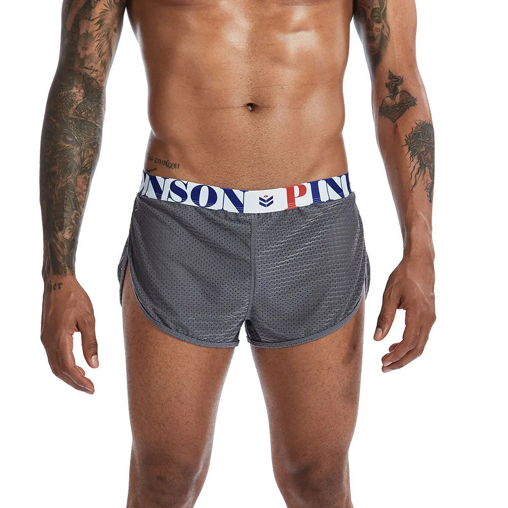 Mesh solid colour breathable men's boxer briefs in black, nylon fabric, mid waist