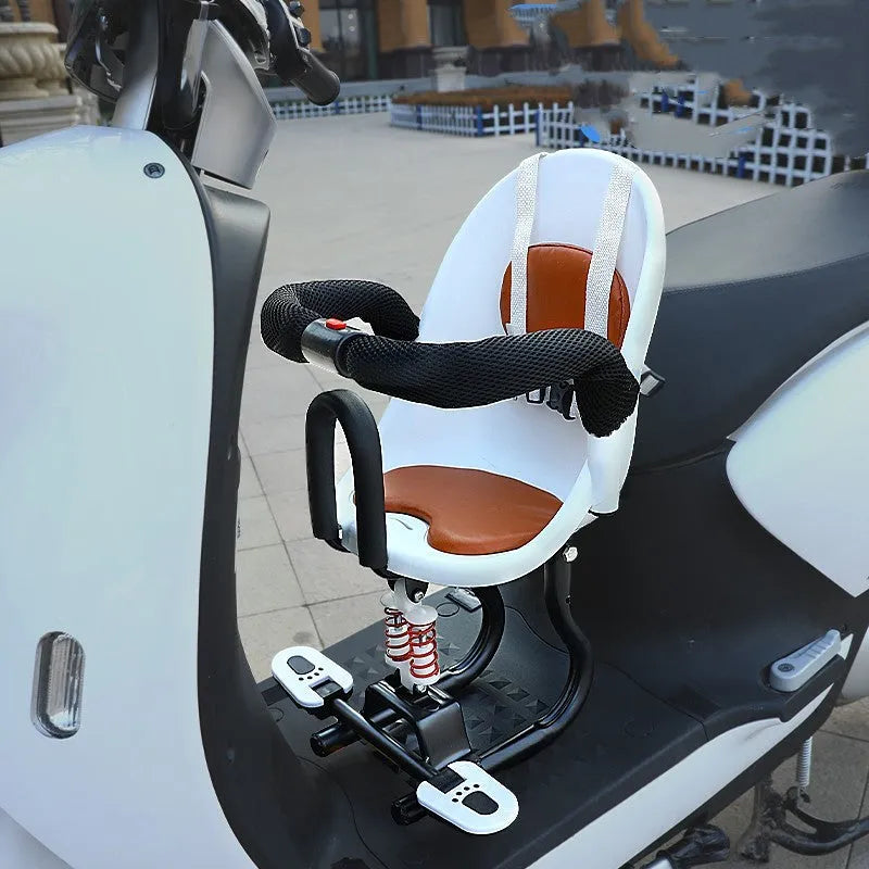 Children's battery scooter front safety seat with high carbon steel frame in black, red, or white colours