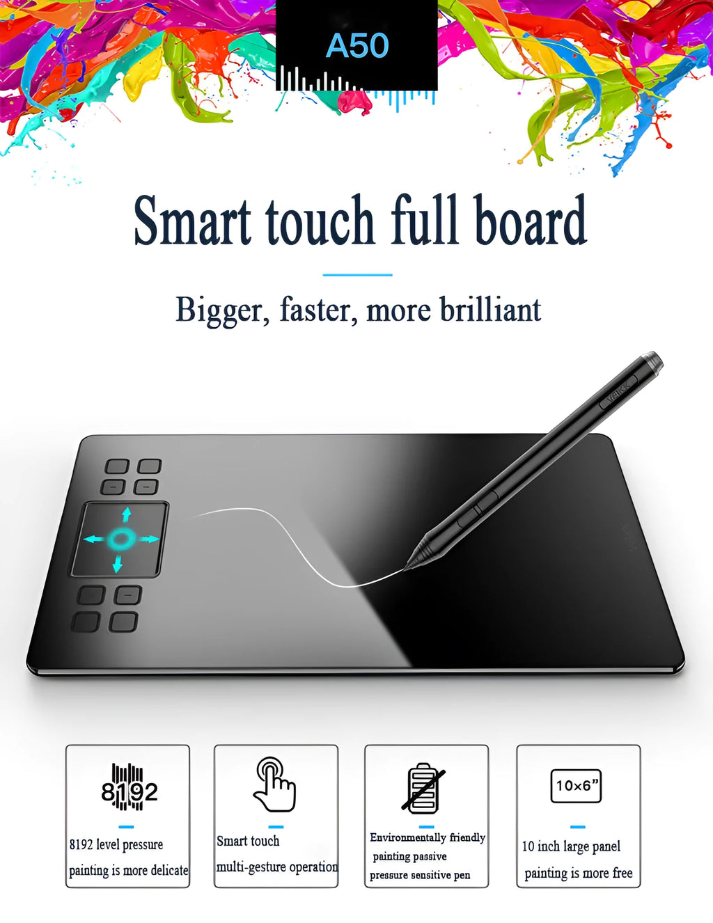 Digital drawing board with 8129 pressure sensitivity, passive pen, and 10x6 inch active area